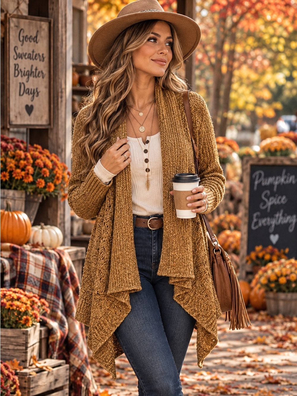 Madison Mustard Brown Cable Knit Open Front Cardigan Sweater Size Medium Boho